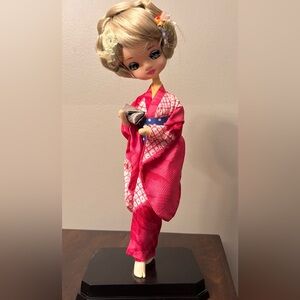 Vintage Orion? Big Eye Doll Japan Pink Kimono  Overlay Blonde Hair 13.5”